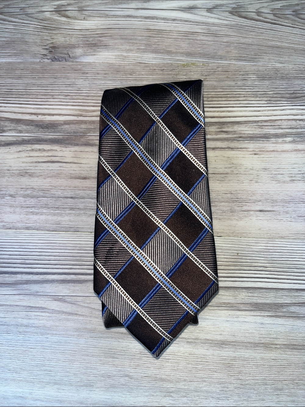 Classic Men's Joseph Abboud 100% Silk Brown Tie with Blue and Silver Plaid